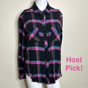 Rails plaid snap down open fray hem shirt S